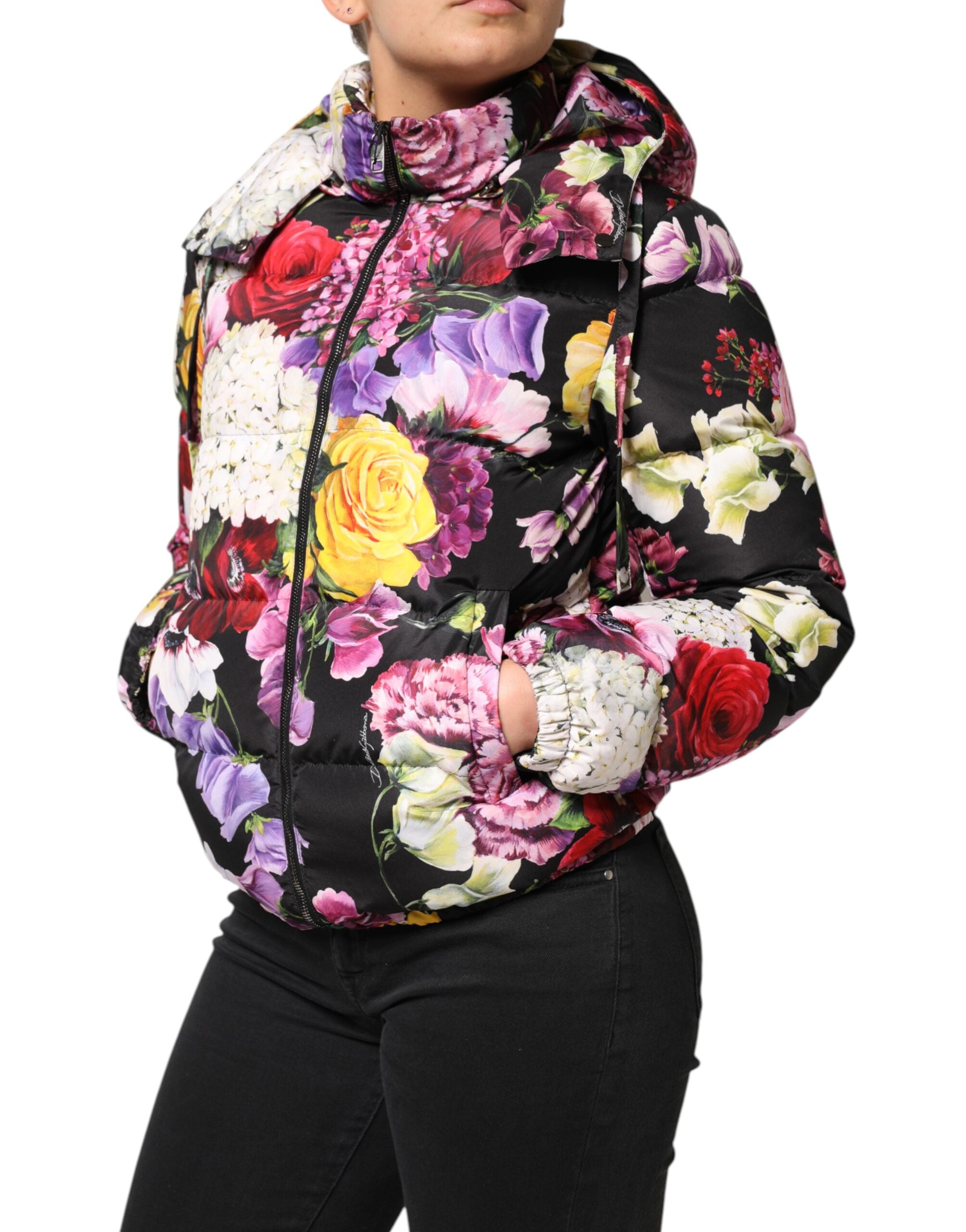 Dolce & Gabbana Multicolor Floral Puffer Steppjacke mit Kapuze